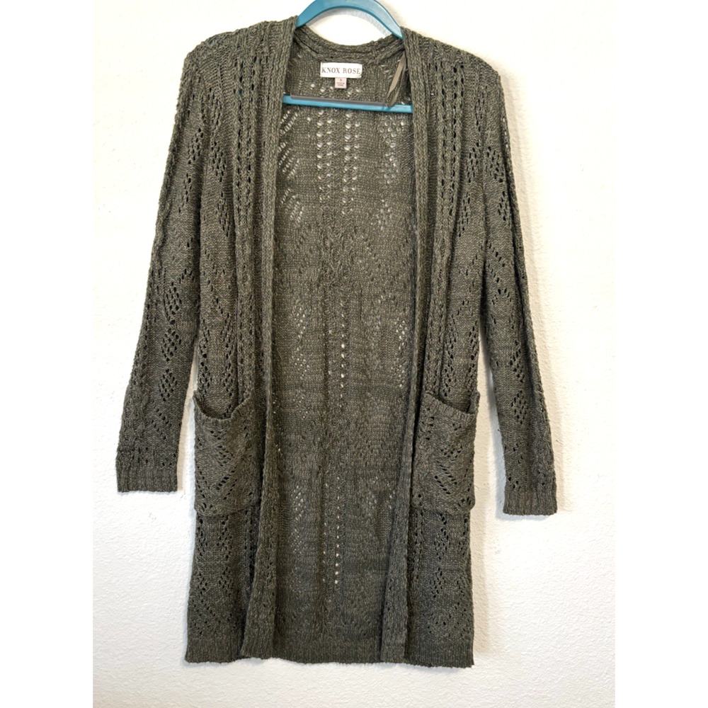 Knox Rose Cardigan Open Front Longline Crochet Knit Boho Olive Green Small‎